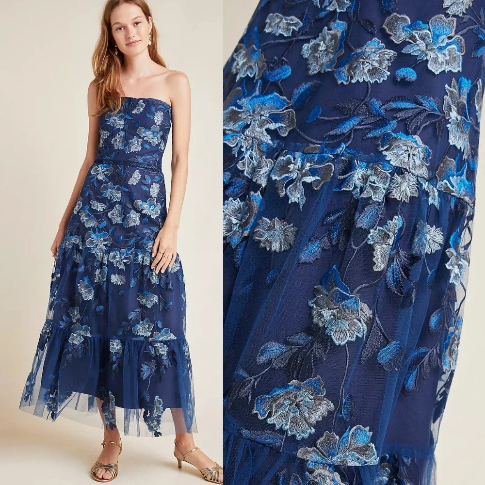 NWT Shoshanna Anthropologie Silas Embroidered Maxi Dress 6 Strapless